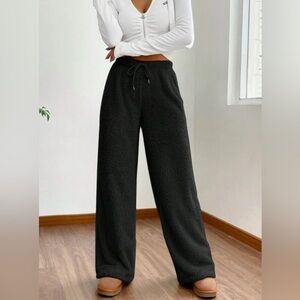 SHEIN Black Wide Leg Teddy Pants with Elastic Waistband and Drawstring